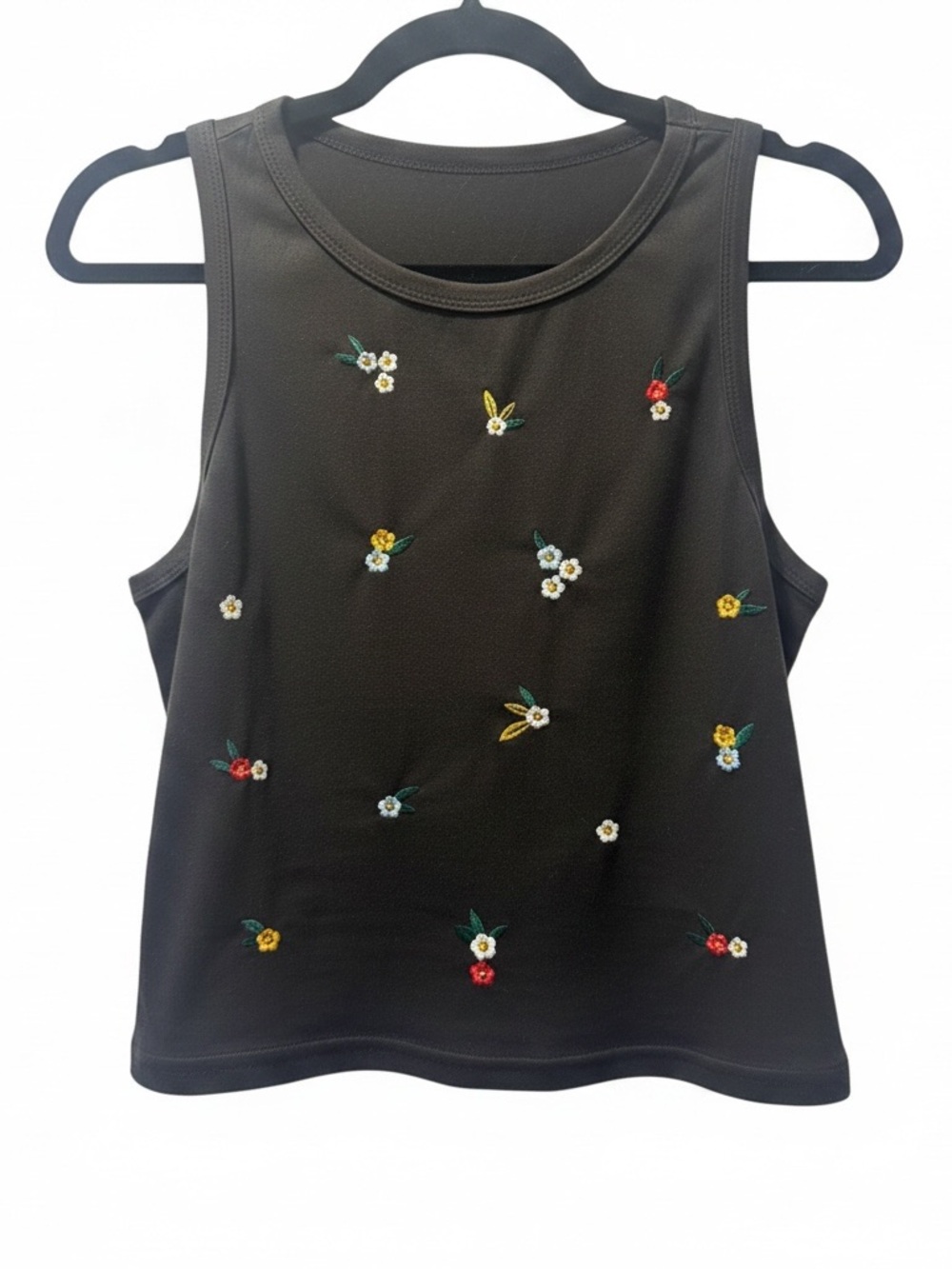 Women’s Black Embroidered Ditsy Floral Cropped Sleeveless Tank Top Size M